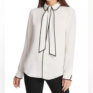 DKNY Petite S Piped-Trim Button-Up Bow Blouse